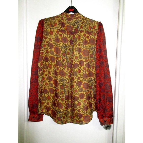 Hanley Mellon 100% Silk 6 Blouse Gold Multi Floral Boho Semi Sheer S Tunic Mint! - Picture 9 of 11